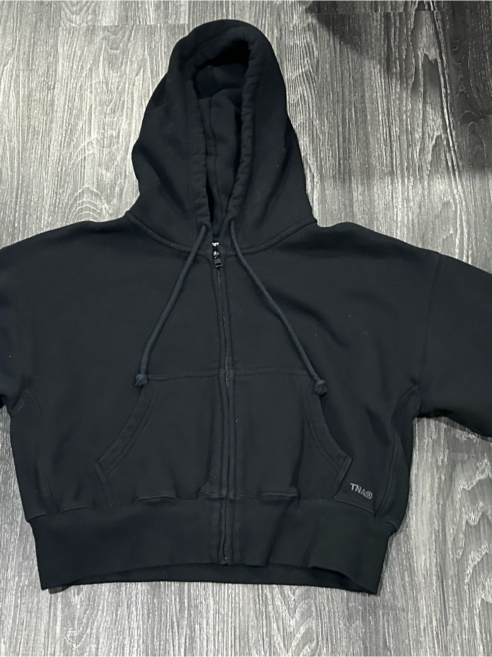 Aritzia TNA Black Cropped Zip Hoodie with Drawstring Small Oversize